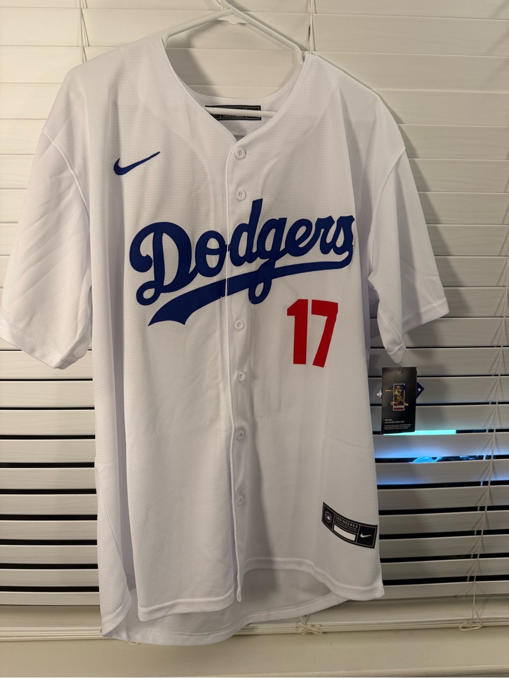 Nike White Dodgers Baseball Jersey with Blue Script and Red Number 17